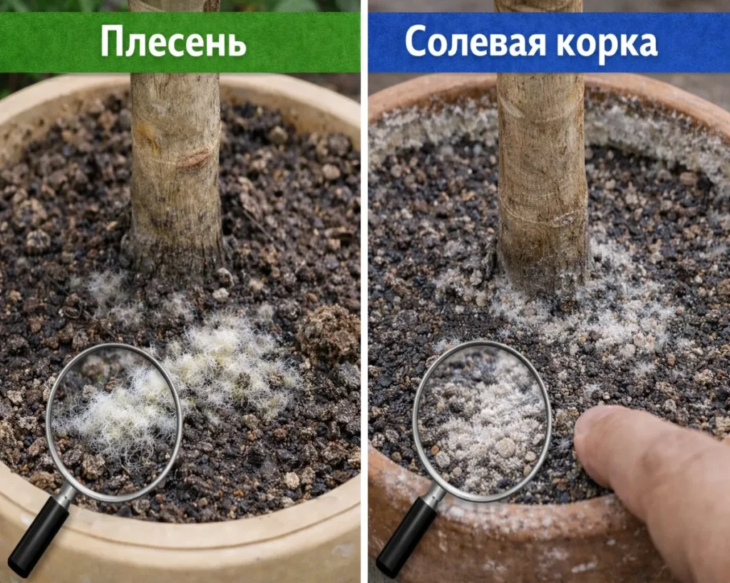 Сравнение плесени и солевой корки на поверхности почвы в горшке