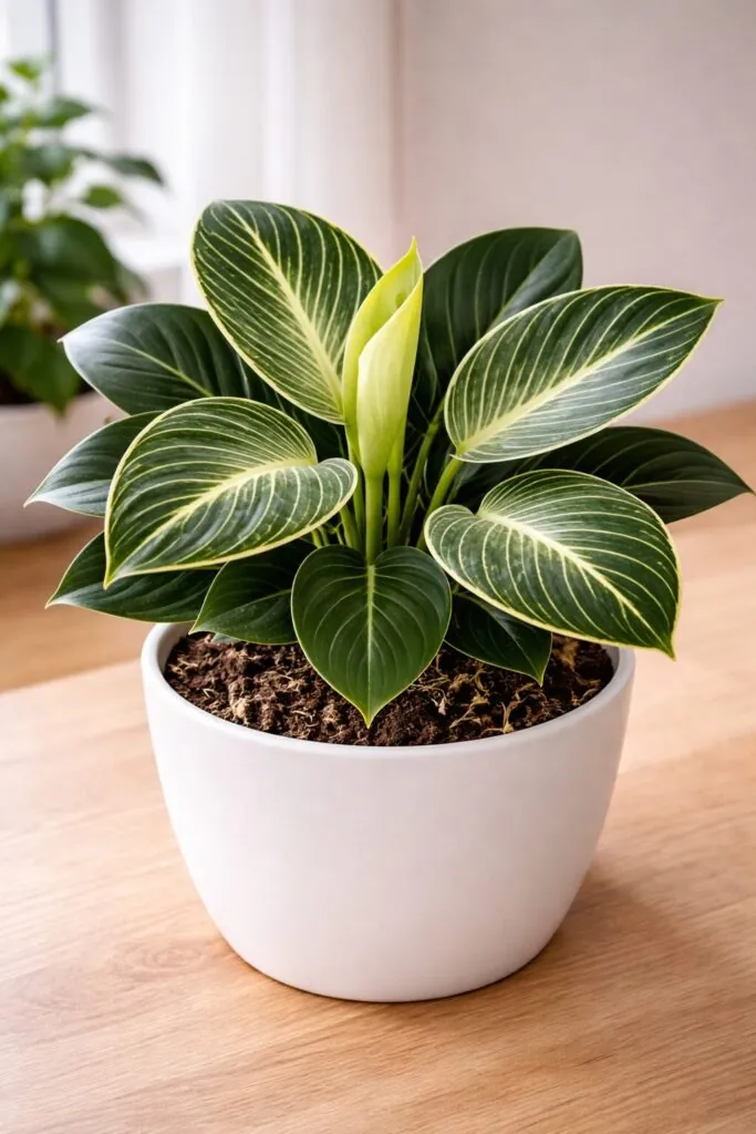 Variegated philodendron growing in a white pot on a wooden surface
